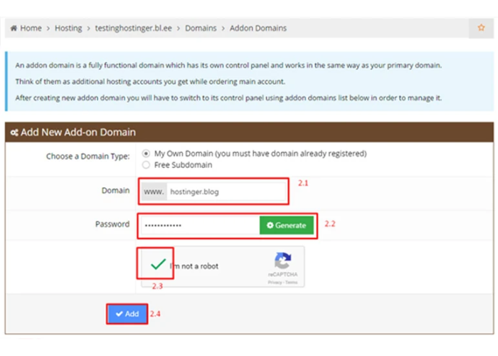 Hoàn tất thêm Addon Domain vào cPanel với những cú click chuột đơn giản