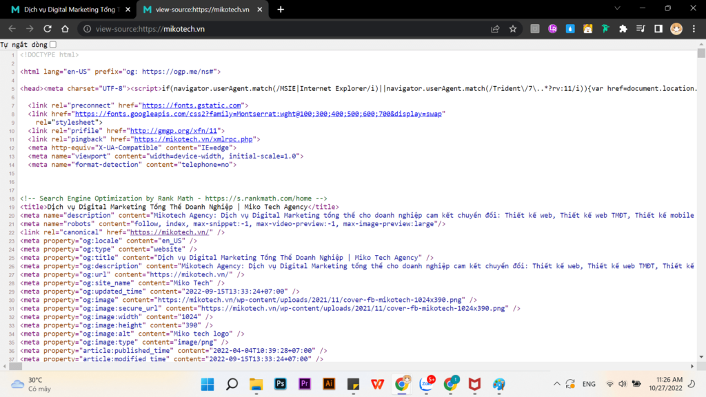 Màn hình chứa đoạn mã code của website