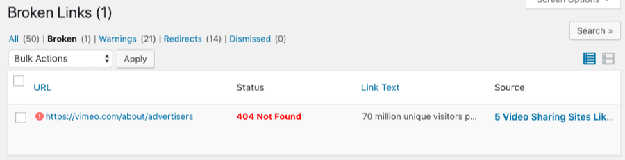Broken Link Checker thông báo link hỏng.