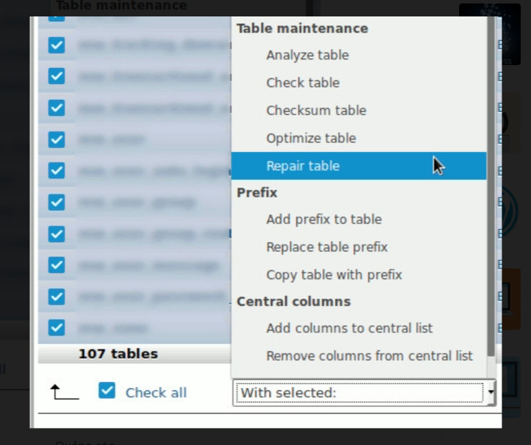 Kiểm tra bảng cơ sở dữ liệu và sửa bảng