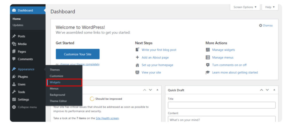 Truy cập Widget trên WordPress