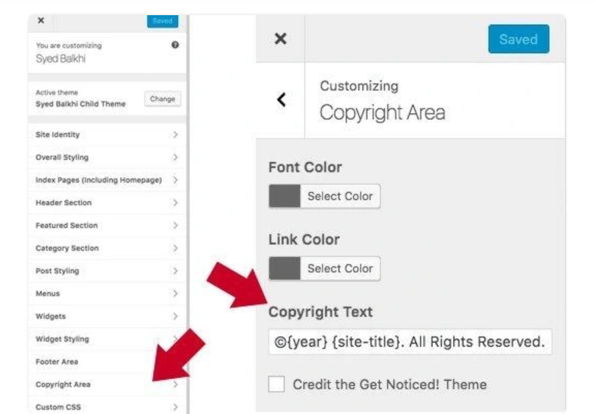 Tùy chọn Copyright Area để chỉnh sửa footer