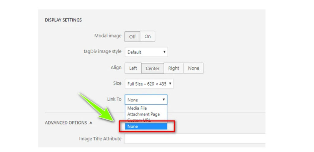 Chọn "None" để xóa liên kết khỏi hình ảnh