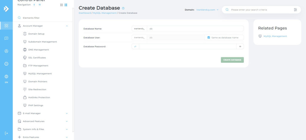 Create Database name password